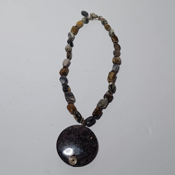 Natural Stone Agate Bead And Sterling Silver Necklace S Hook Clasp not marked bu - Picture 1 of 5
